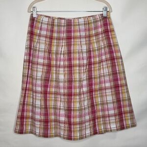 Talbots Madras Plaid Skirt Size 8 Cotton Pink White Side Zip Spring